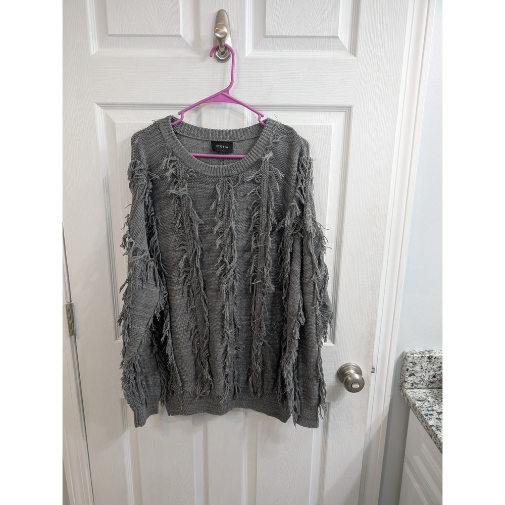 Storia Fringe Shag Knit Sweater Women Gray - Size L